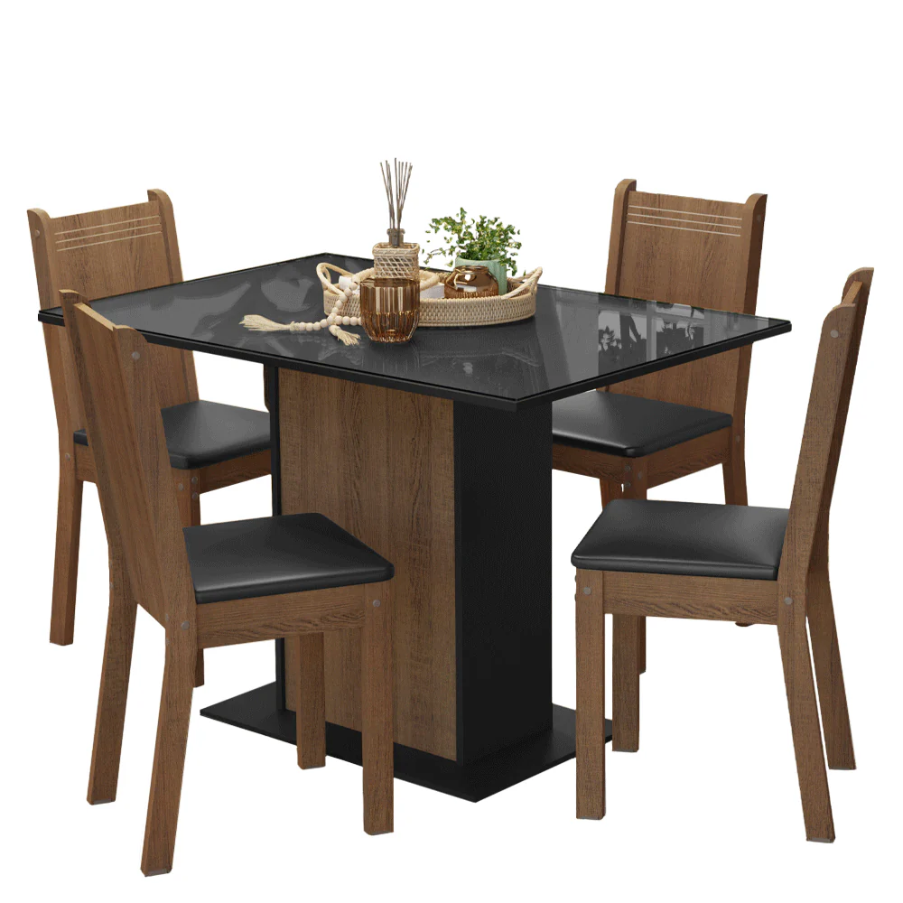 Conjunto Sala de Jantar Mesa Tampo de Vidro 4 Cadeiras Preto/Rustic Camélia Madesa - Image 2