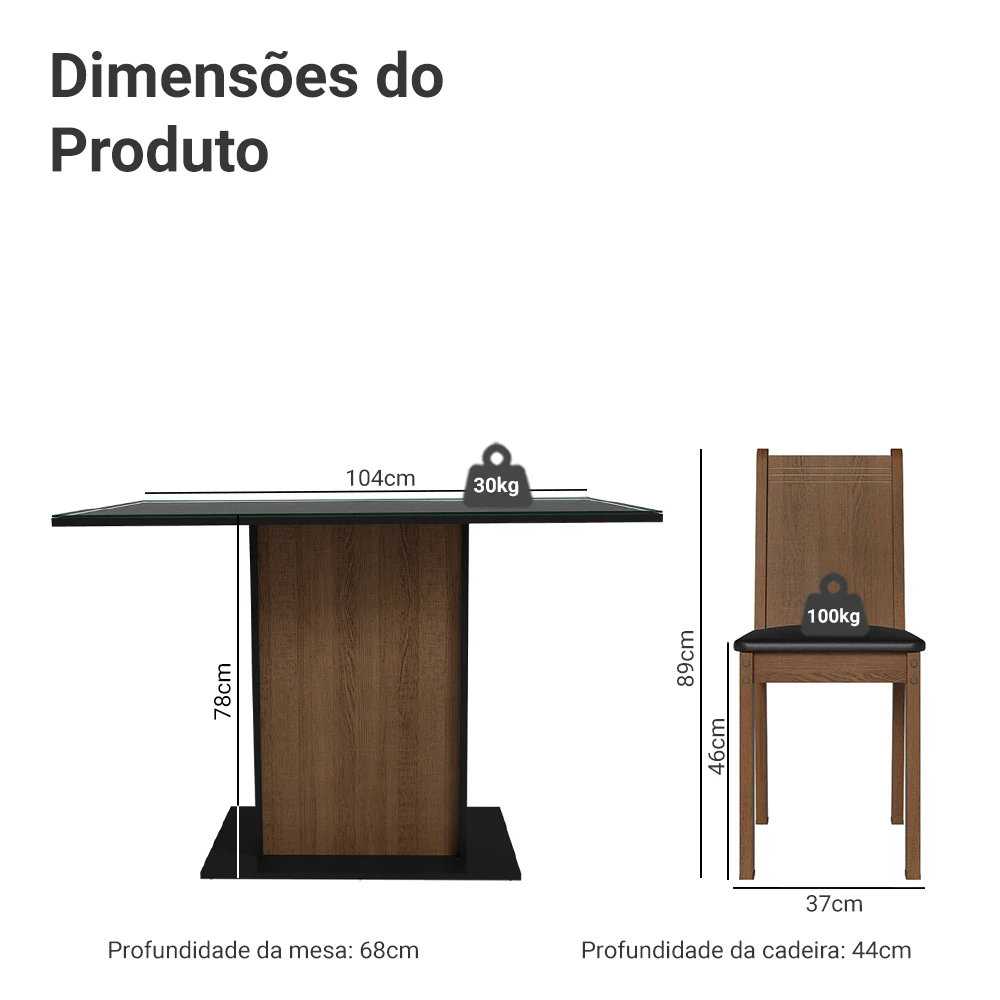 Conjunto Sala de Jantar Mesa Tampo de Vidro 4 Cadeiras Preto/Rustic Camélia Madesa - Image 3