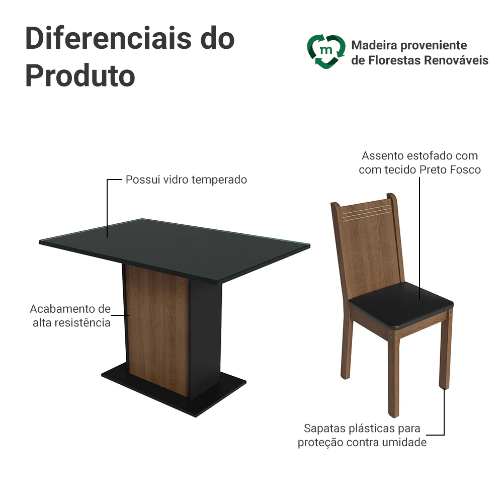 Conjunto Sala de Jantar Mesa Tampo de Vidro 4 Cadeiras Preto/Rustic Camélia Madesa - Image 4
