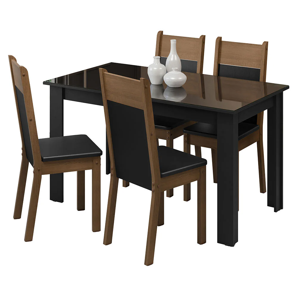 Conjunto Sala de Jantar Mesa Tampo de Vidro 4 Cadeiras Preto/Rustic Eloá Madesa - Image 2