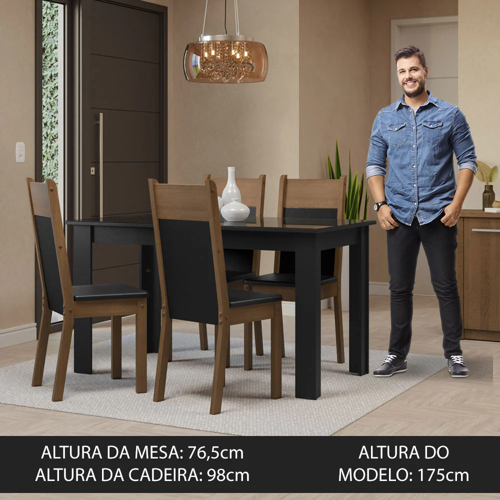 Conjunto Sala de Jantar Mesa Tampo de Vidro 4 Cadeiras Preto/Rustic Eloá Madesa - Image 4