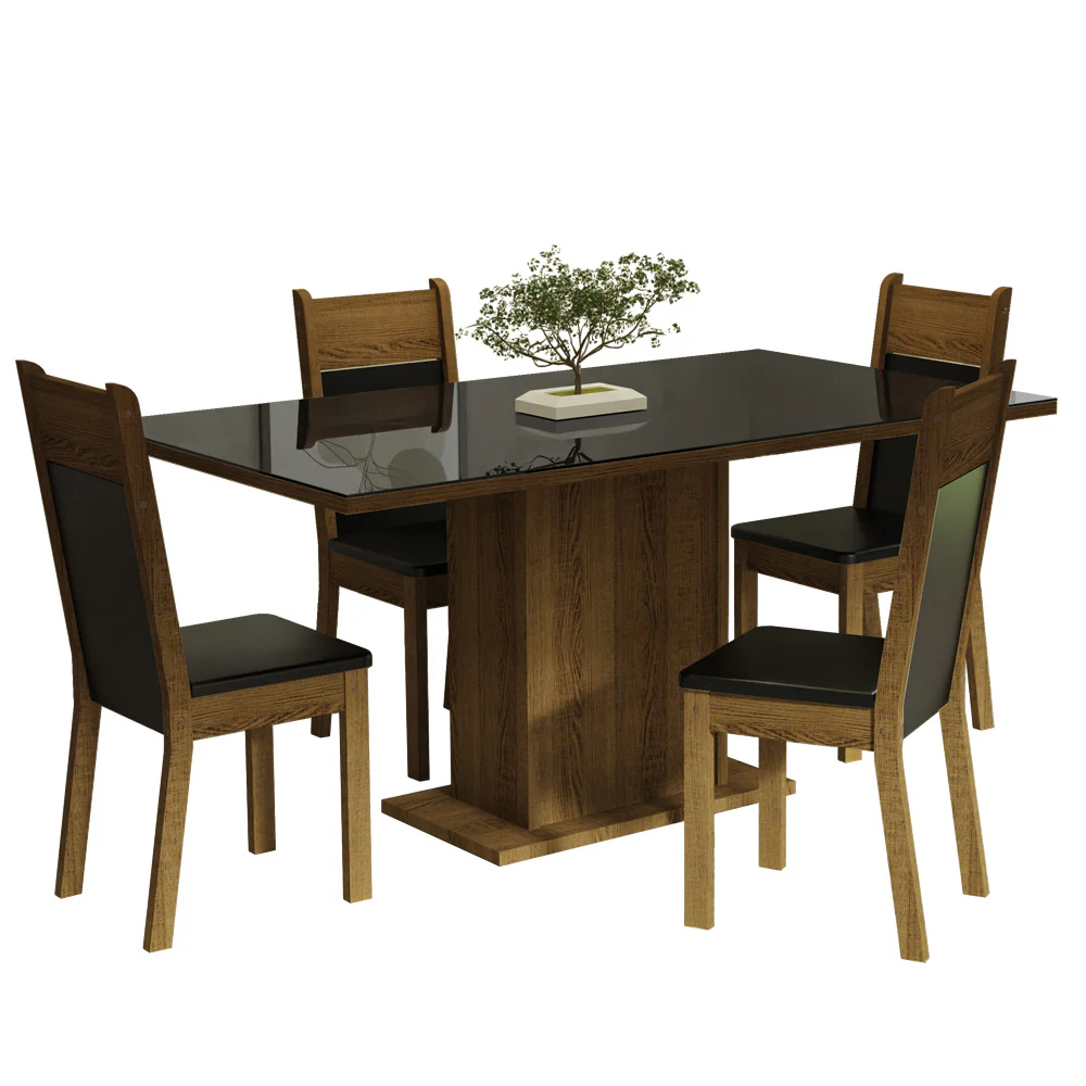 Conjunto Sala de Jantar Mesa Tampo de Vidro 4 Cadeiras Preto/Rustic Greta Madesa - Image 2