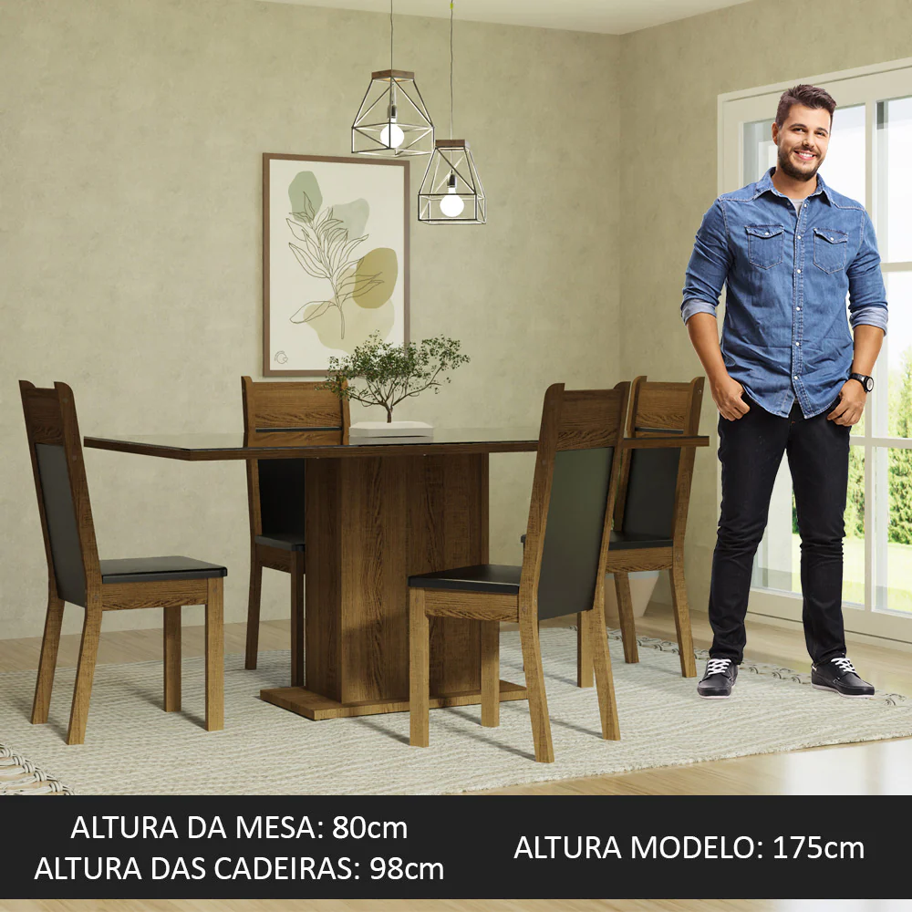 Conjunto Sala de Jantar Mesa Tampo de Vidro 4 Cadeiras Preto/Rustic Greta Madesa - Image 4