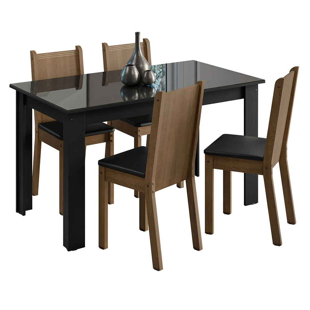 Conjunto Sala de Jantar Mesa Tampo de Vidro 4 Cadeiras Preto/Rustic Kiara Madesa - Image 2