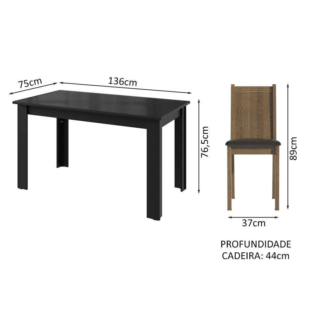 Conjunto Sala de Jantar Mesa Tampo de Vidro 4 Cadeiras Preto/Rustic Kiara Madesa - Image 3