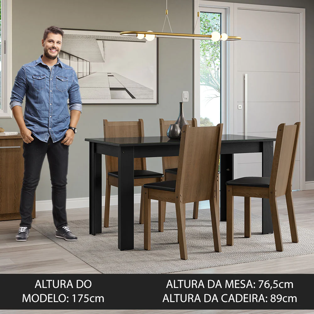 Conjunto Sala de Jantar Mesa Tampo de Vidro 4 Cadeiras Preto/Rustic Kiara Madesa - Image 4