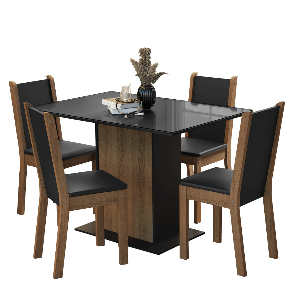 Conjunto Sala de Jantar Mesa Tampo de Vidro 4 Cadeiras Preto/Rustic Martina Madesa - Image 2