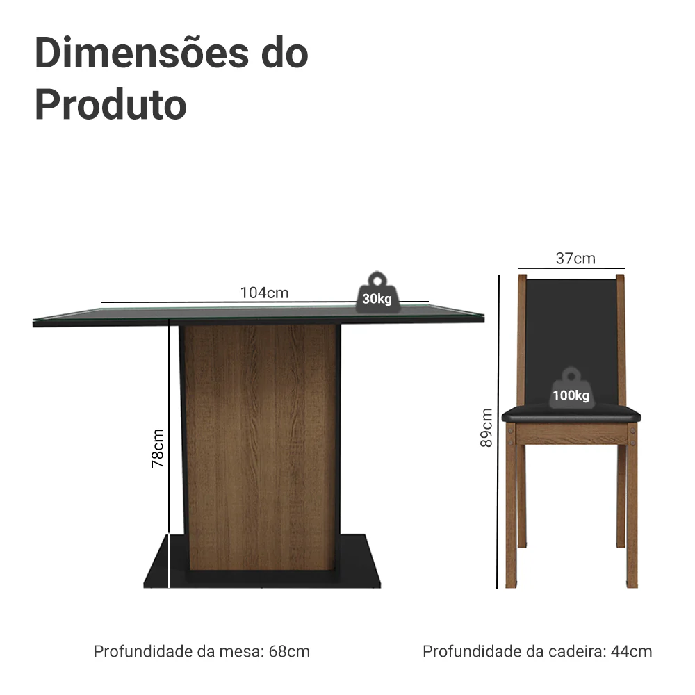 Conjunto Sala de Jantar Mesa Tampo de Vidro 4 Cadeiras Preto/Rustic Martina Madesa - Image 3