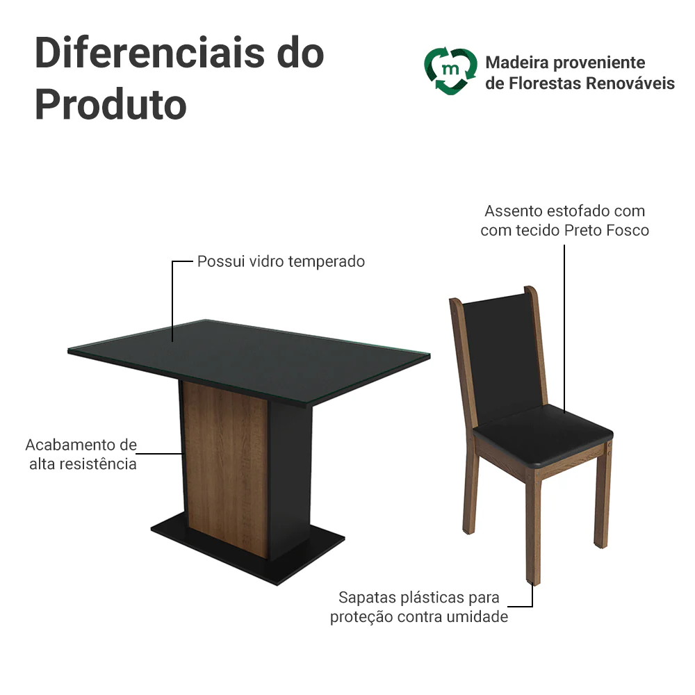 Conjunto Sala de Jantar Mesa Tampo de Vidro 4 Cadeiras Preto/Rustic Martina Madesa - Image 4