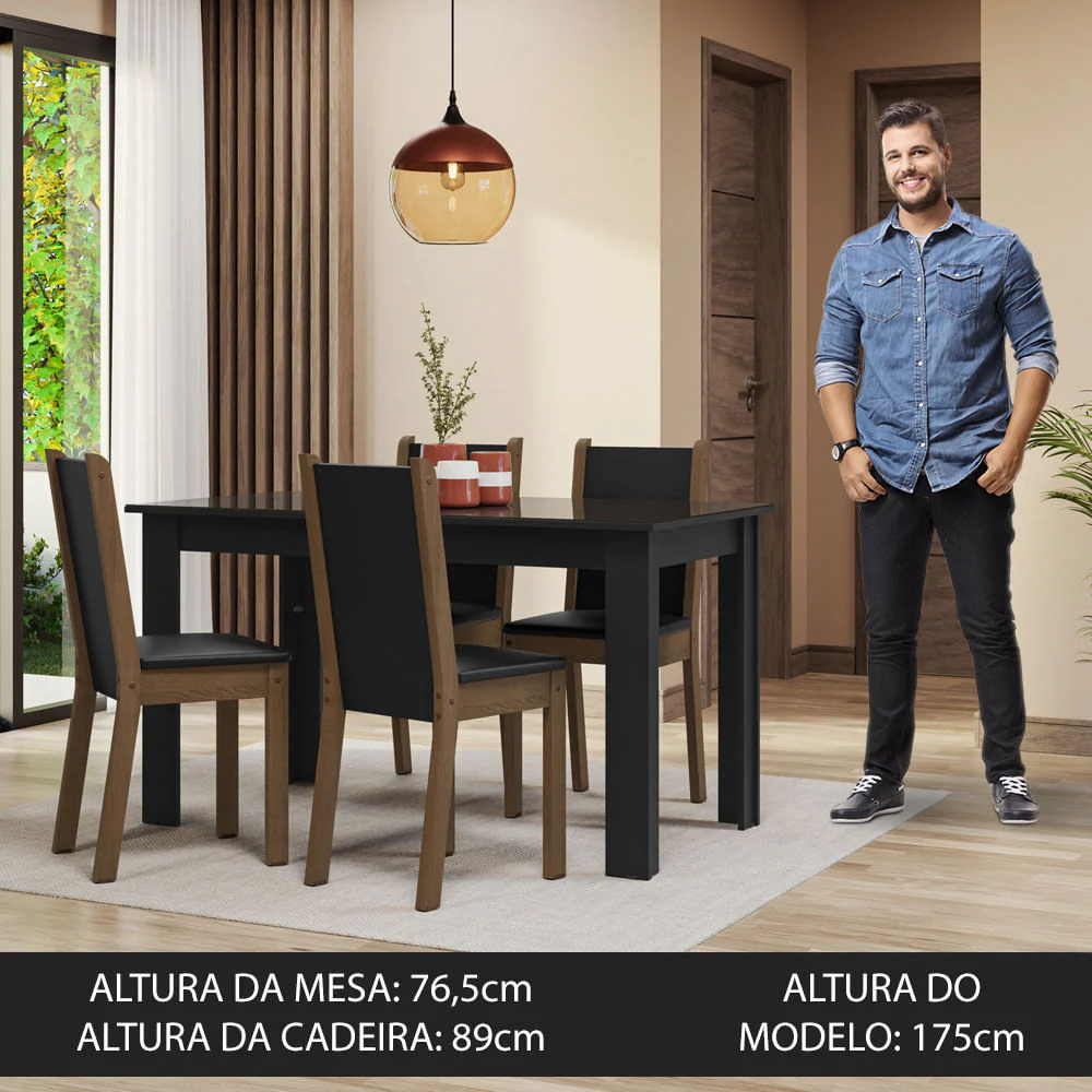 Conjunto Sala de Jantar Mesa Tampo de Vidro 4 Cadeiras Preto/Rustic Suzy Madesa - Image 3