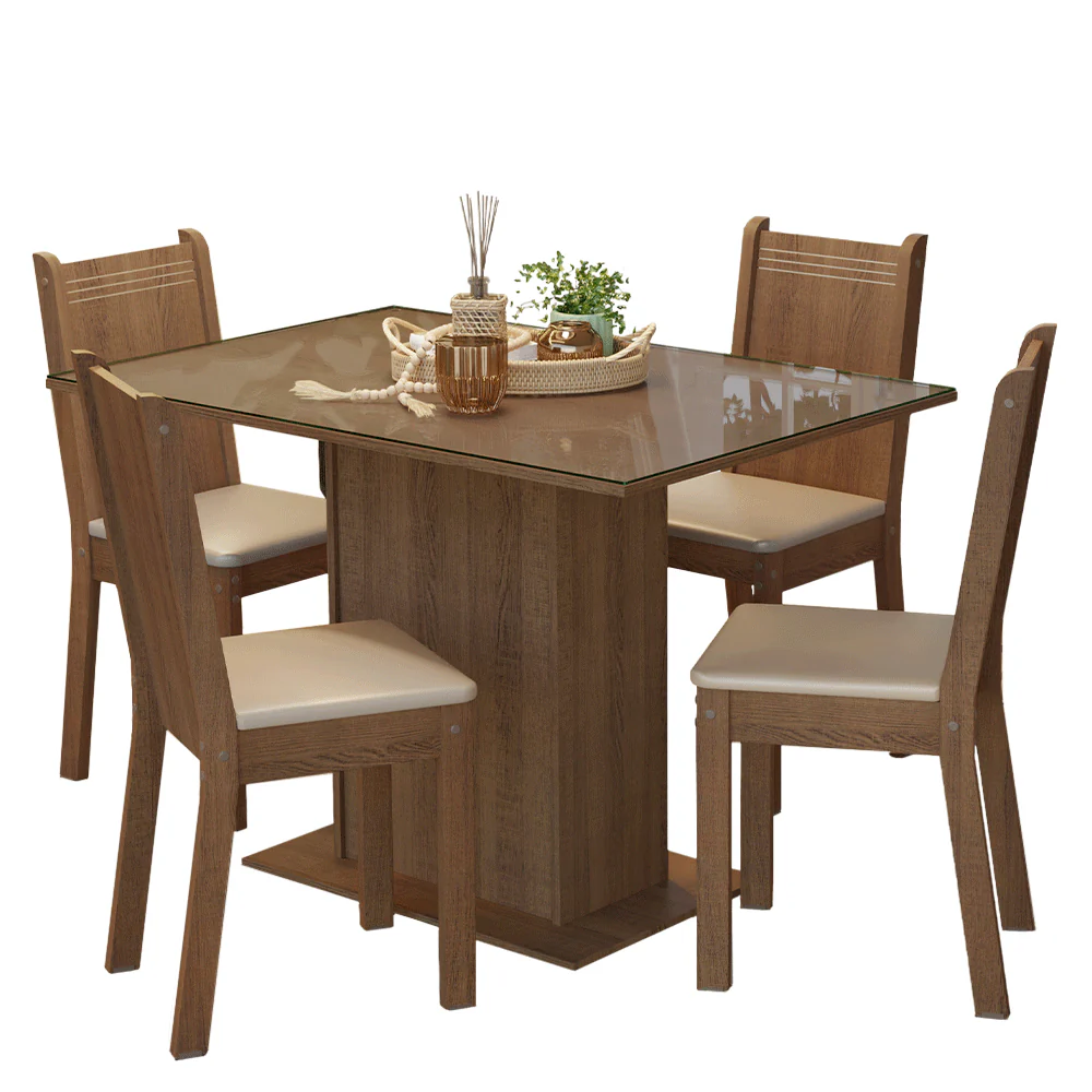 Conjunto Sala de Jantar Mesa Tampo de Vidro 4 Cadeiras Rustic/Bege Camélia Madesa - Image 2