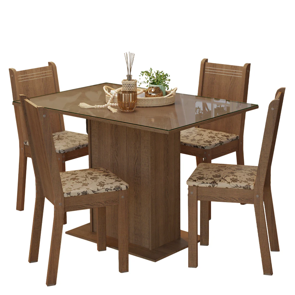 Conjunto Sala de Jantar Mesa Tampo de Vidro 4 Cadeiras Rustic/Bege Marrom Camélia Madesa - Image 2