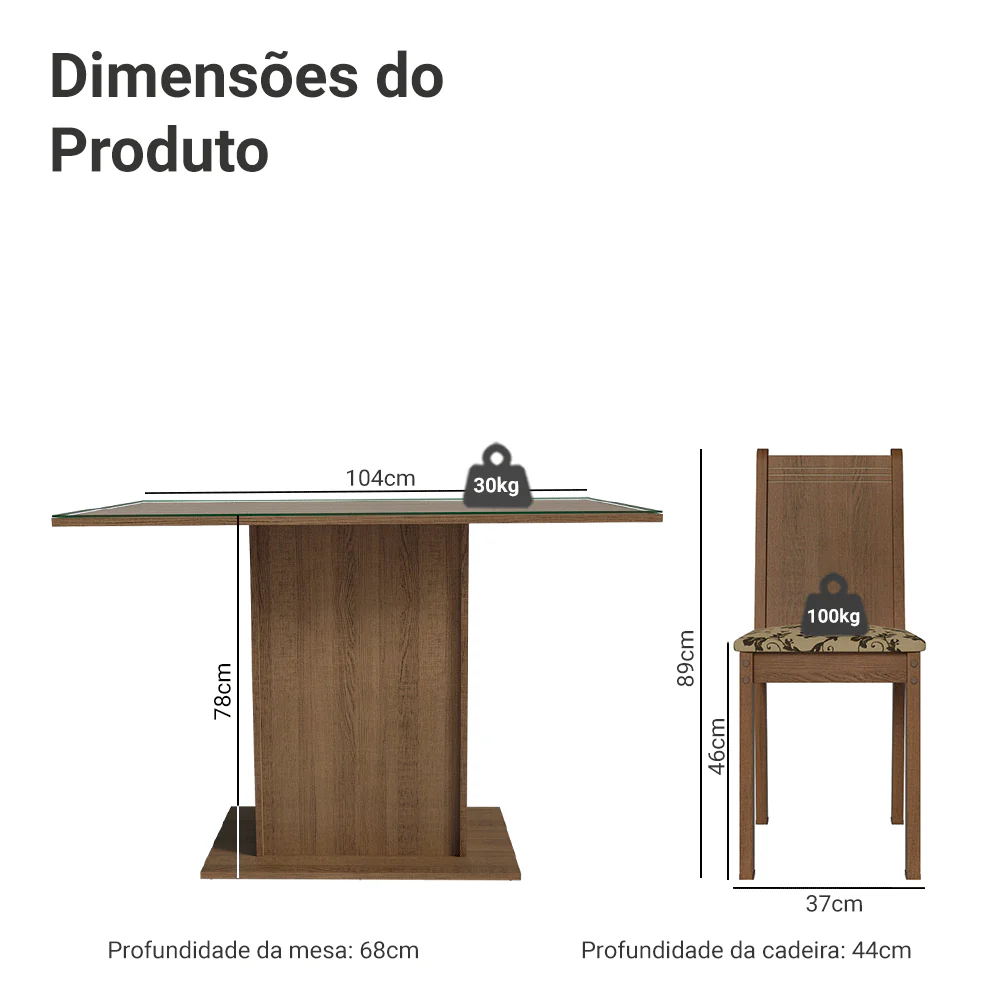 Conjunto Sala de Jantar Mesa Tampo de Vidro 4 Cadeiras Rustic/Bege Marrom Camélia Madesa - Image 3