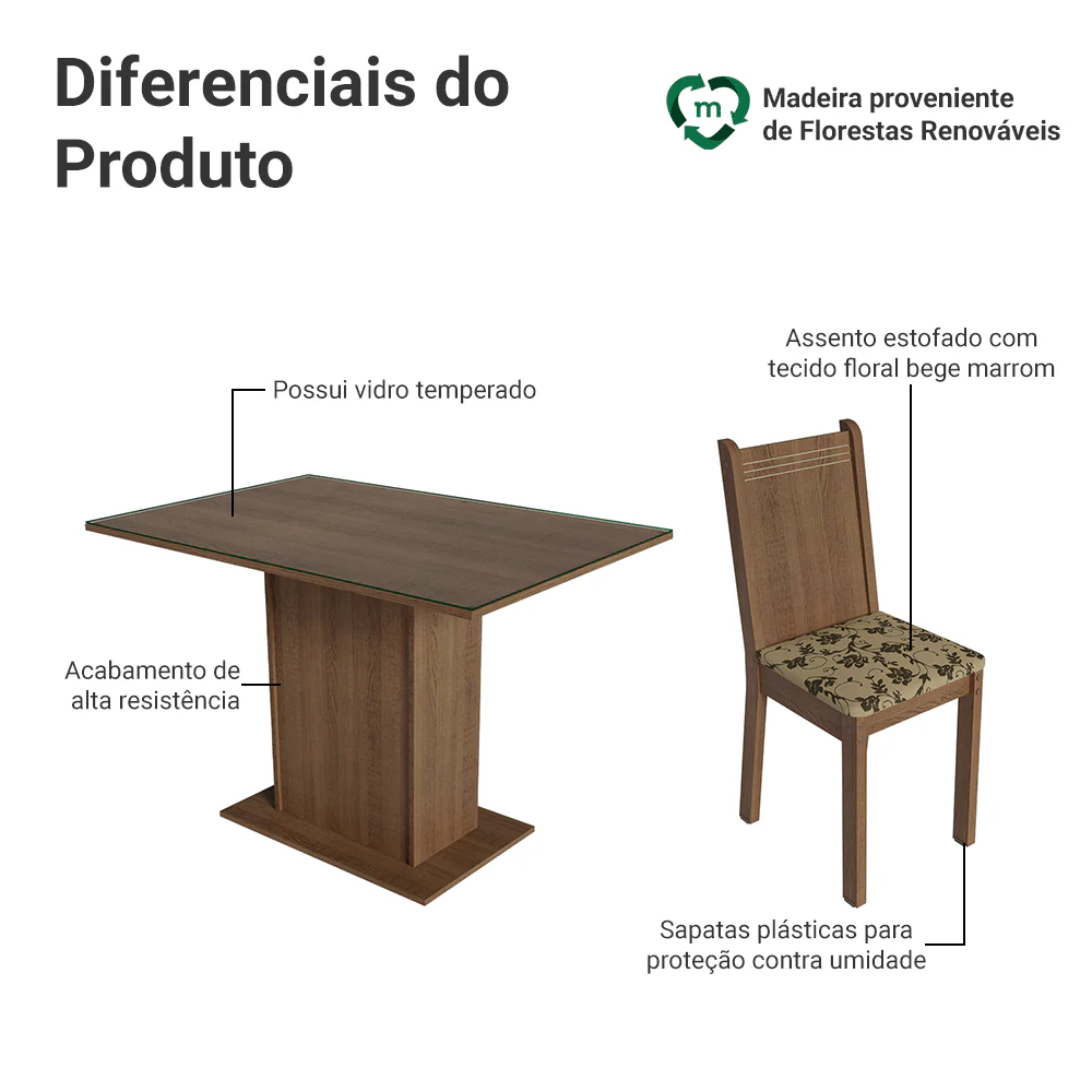 Conjunto Sala de Jantar Mesa Tampo de Vidro 4 Cadeiras Rustic/Bege Marrom Camélia Madesa - Image 4