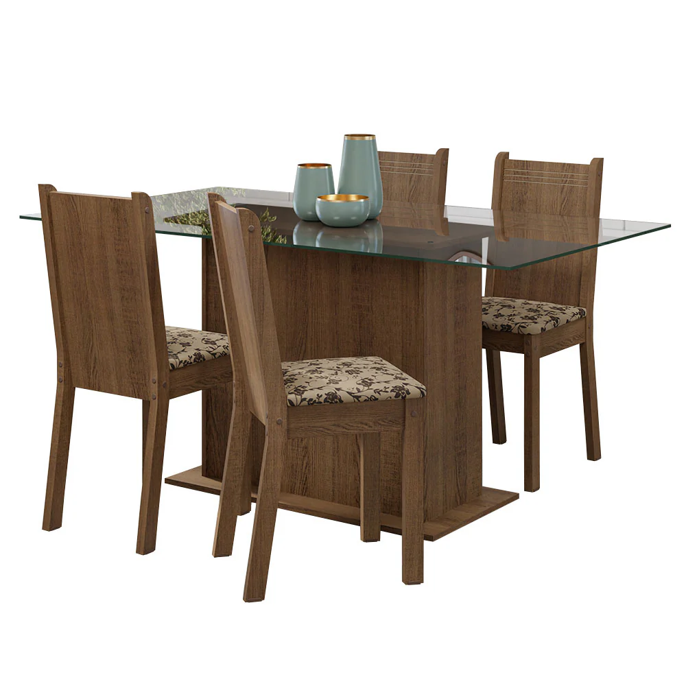 Conjunto Sala de Jantar Mesa Tampo de Vidro 4 Cadeiras Rustic/Bege Marrom Espanha Madesa - Image 2