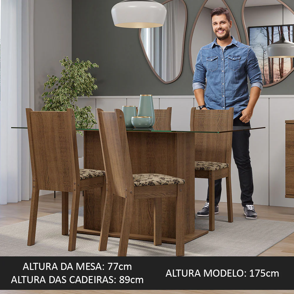 Conjunto Sala de Jantar Mesa Tampo de Vidro 4 Cadeiras Rustic/Bege Marrom Espanha Madesa - Image 5