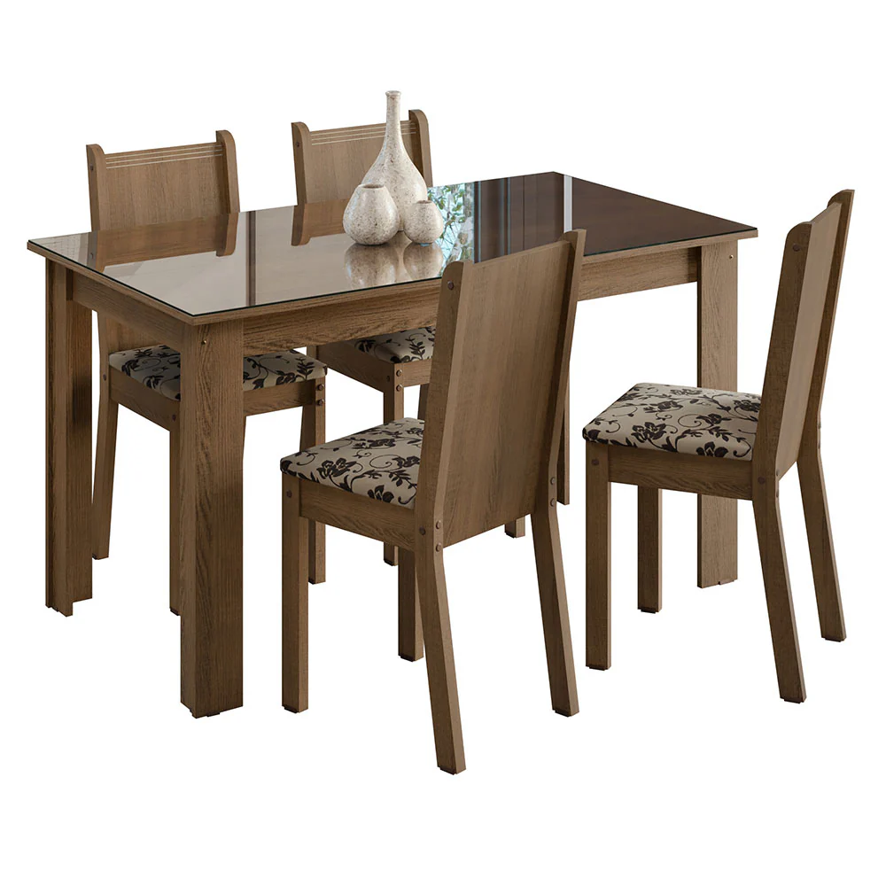 Conjunto Sala de Jantar Mesa Tampo de Vidro 4 Cadeiras Rustic/Bege Marrom Kiara Madesa - Image 2