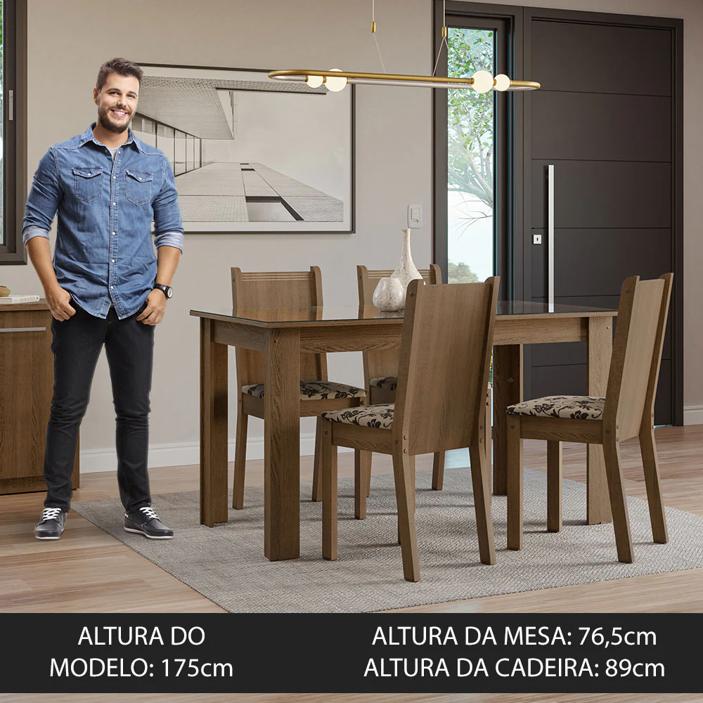 Conjunto Sala de Jantar Mesa Tampo de Vidro 4 Cadeiras Rustic/Bege Marrom Kiara Madesa - Image 4