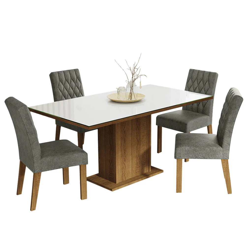 Conjunto Sala de Jantar Mesa Tampo de Vidro 4 Cadeiras Rustic/Branco/Silver Marilia Madesa - Image 2