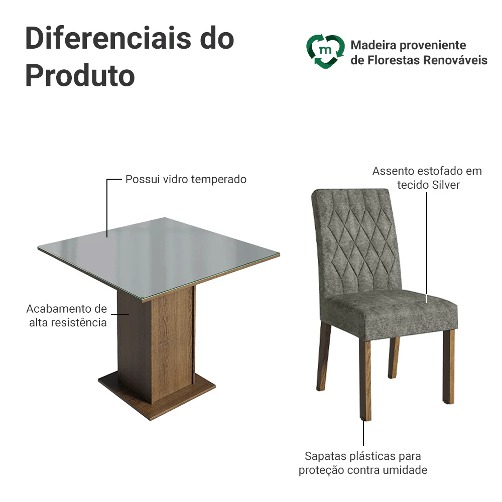 Conjunto Sala de Jantar Mesa Tampo de Vidro 4 Cadeiras Rustic/Cinza/Silver Anaju Madesa - Image 4