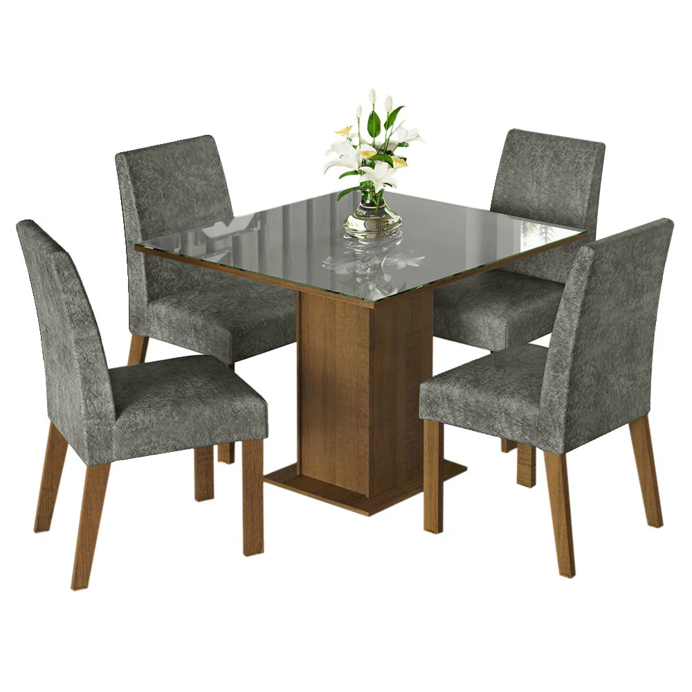 Conjunto Sala de Jantar Mesa Tampo de Vidro 4 Cadeiras Rustic/Cinza/Silver Anne Madesa - Image 2