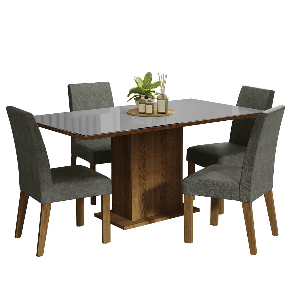 Conjunto Sala de Jantar Mesa Tampo de Vidro 4 Cadeiras Rustic/Cinza/Silver Avril Madesa - Image 2
