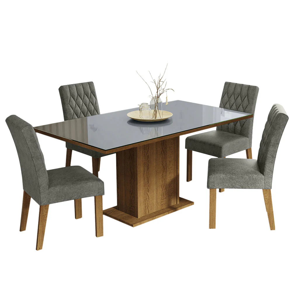 Conjunto Sala de Jantar Mesa Tampo de Vidro 4 Cadeiras Rustic/Cinza/Silver Marilia Madesa - Image 2