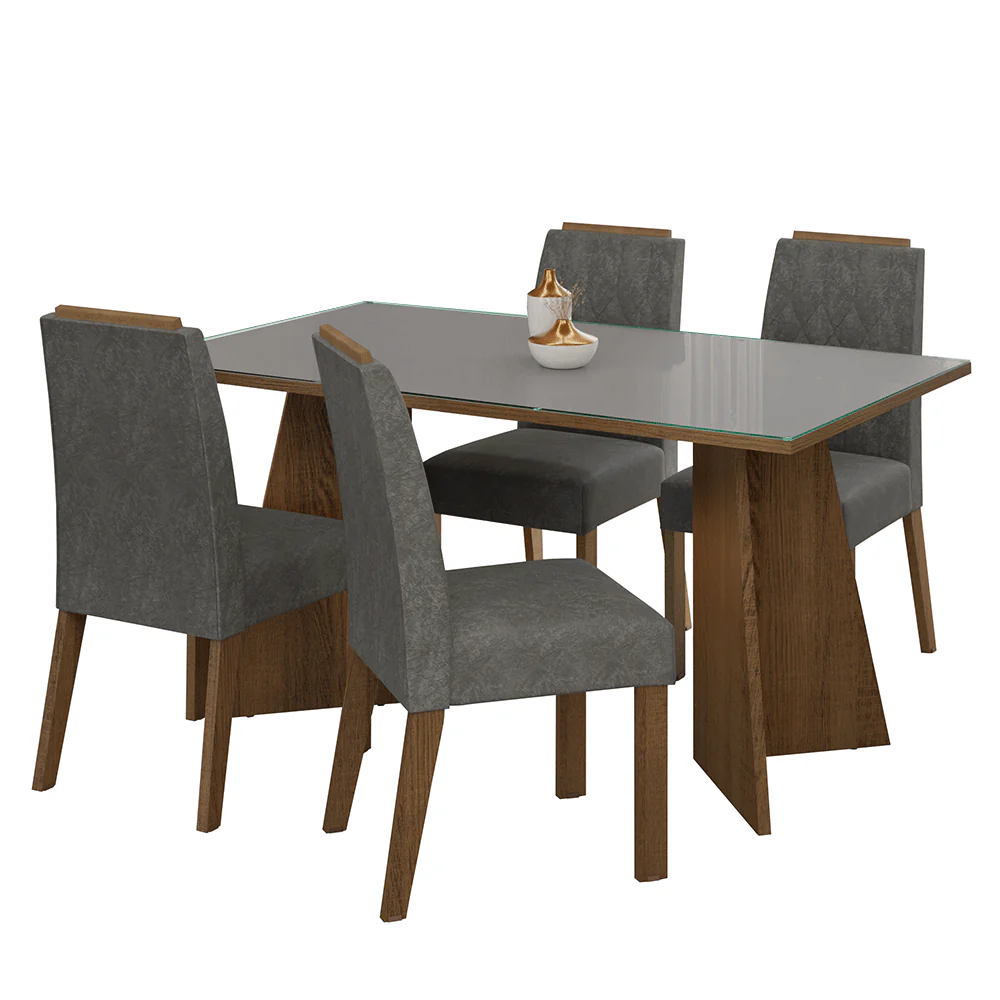 Conjunto Sala de Jantar Mesa Tampo de Vidro 4 Cadeiras Rustic/Cinza/Silver Porto Madesa - Image 2