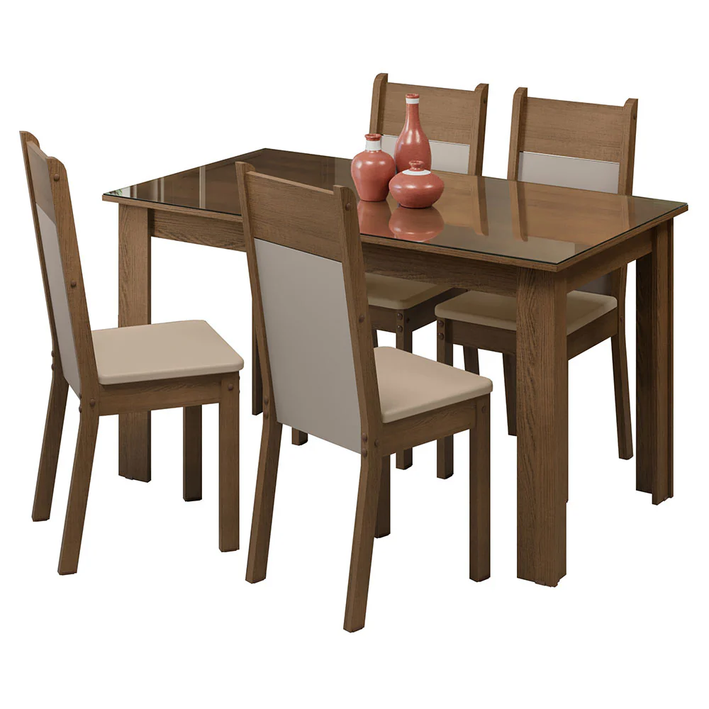 Conjunto Sala de Jantar Mesa Tampo de Vidro 4 Cadeiras Rustic/Crema/Bege Eloá Madesa - Image 2