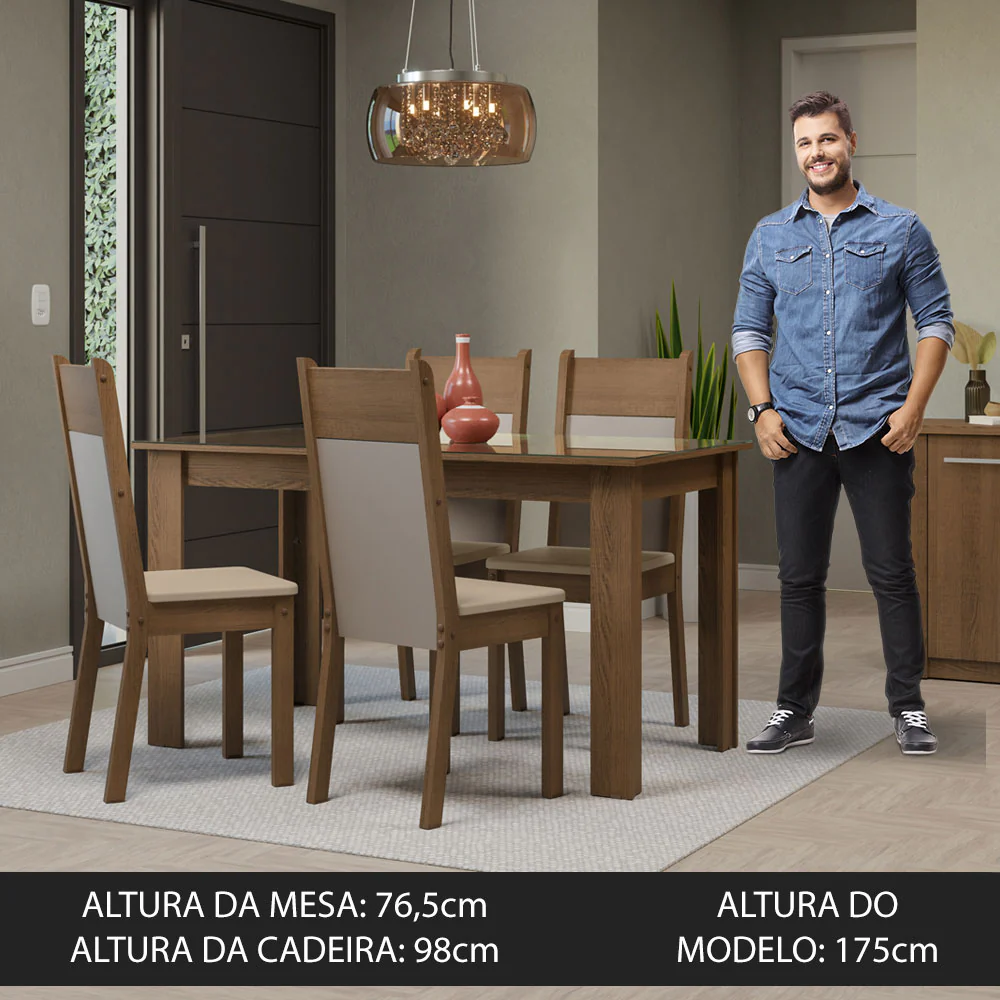 Conjunto Sala de Jantar Mesa Tampo de Vidro 4 Cadeiras Rustic/Crema/Bege Eloá Madesa - Image 4