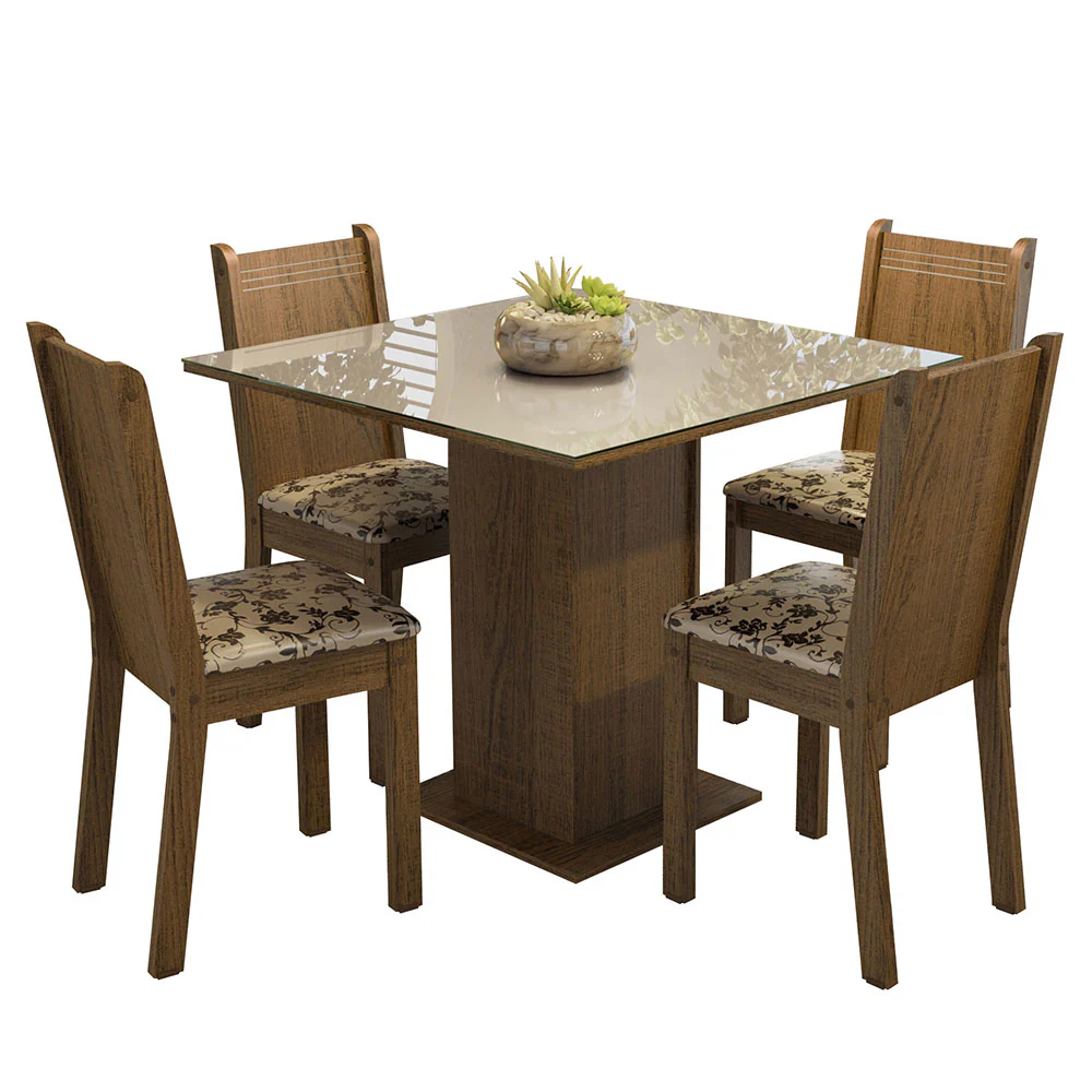 Conjunto Sala de Jantar Mesa Tampo de Vidro 4 Cadeiras Rustic/Crema/Bege Marrom Perla Madesa - Image 2