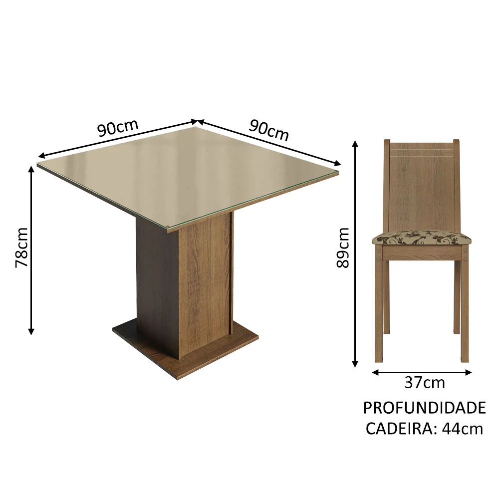 Conjunto Sala de Jantar Mesa Tampo de Vidro 4 Cadeiras Rustic/Crema/Bege Marrom Perla Madesa - Image 3