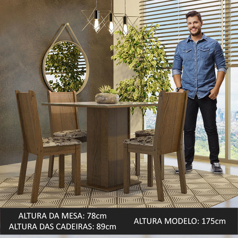 Conjunto Sala de Jantar Mesa Tampo de Vidro 4 Cadeiras Rustic/Crema/Bege Marrom Perla Madesa - Image 4