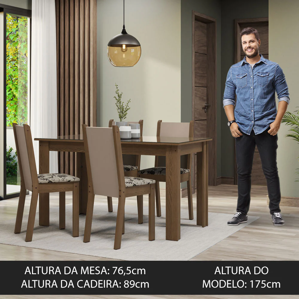 Conjunto Sala de Jantar Mesa Tampo de Vidro 4 Cadeiras Rustic/Crema/Bege Marrom Suzy Madesa - Image 4