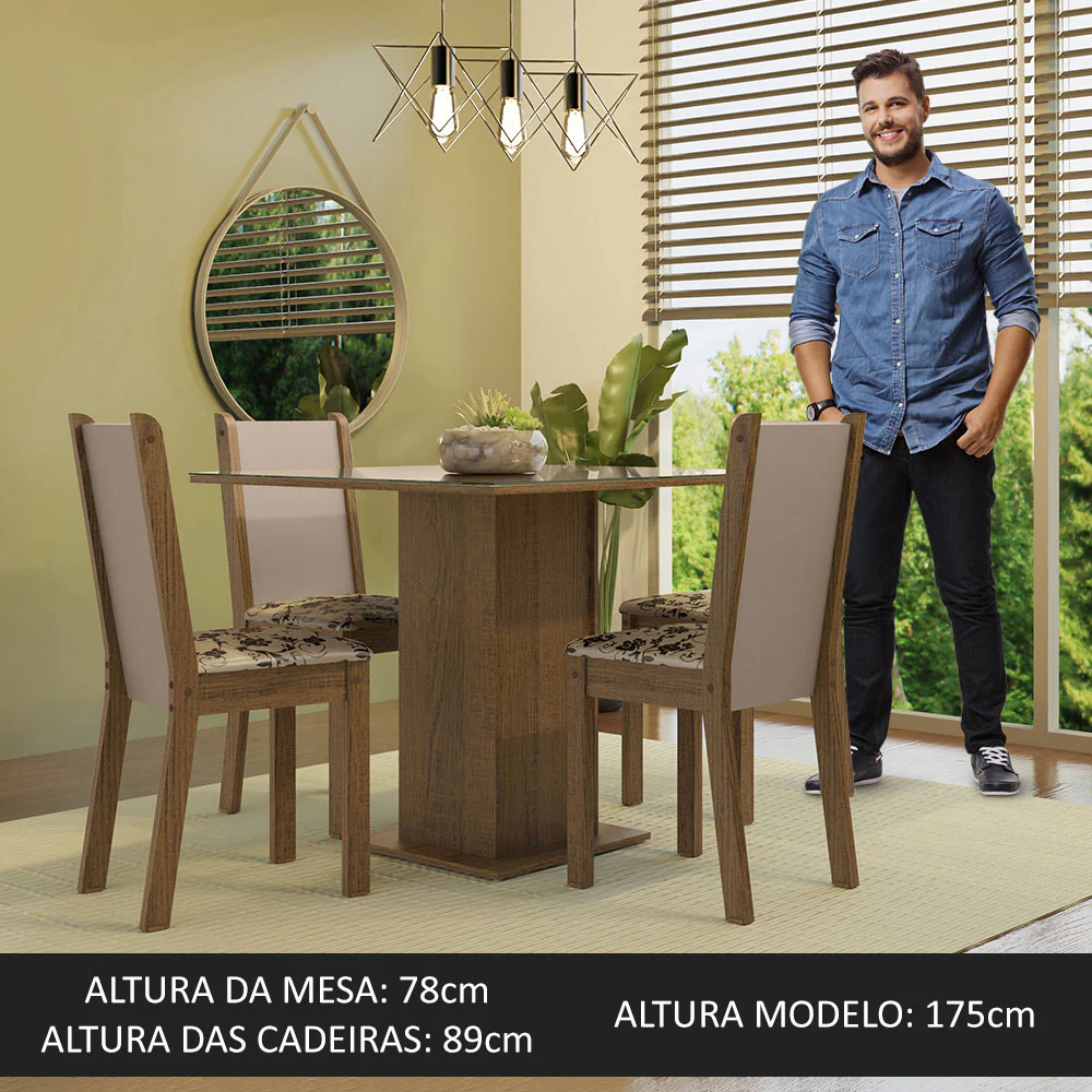 Conjunto Sala de Jantar Mesa Tampo de Vidro 4 Cadeiras Rustic/Crema/Bege Marrom Tifani Madesa - Image 5