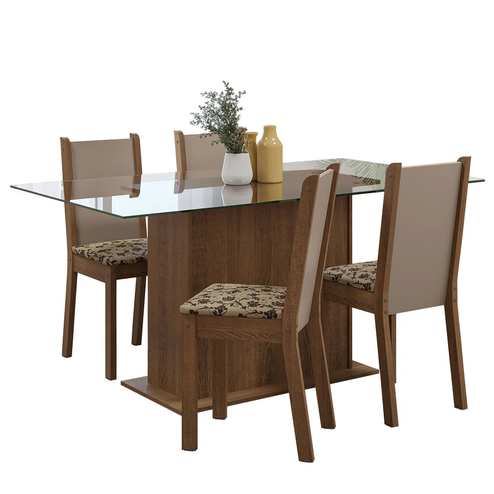 Conjunto Sala de Jantar Mesa Tampo de Vidro 4 Cadeiras Rustic/Crema/Bege Marrom Yara Madesa - Image 2