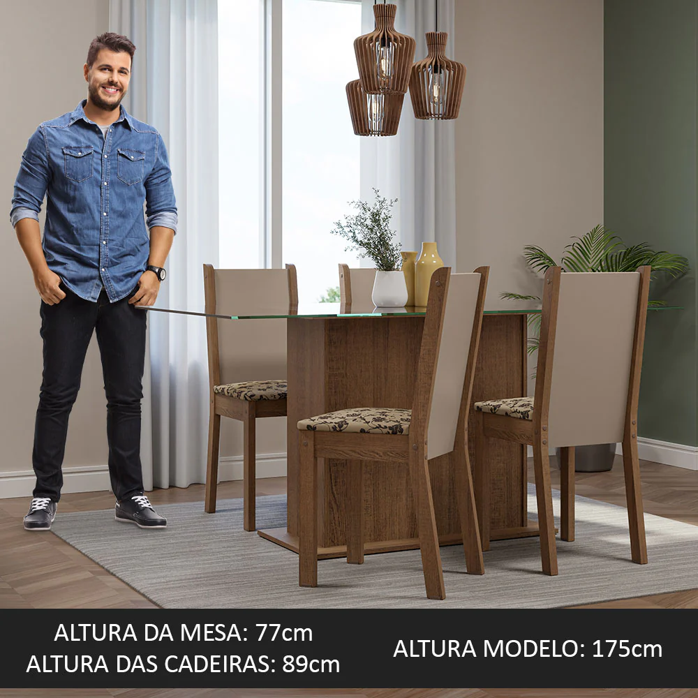 Conjunto Sala de Jantar Mesa Tampo de Vidro 4 Cadeiras Rustic/Crema/Bege Marrom Yara Madesa - Image 5