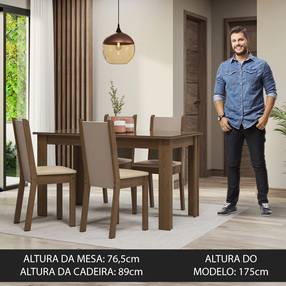 Conjunto Sala de Jantar Mesa Tampo de Vidro 4 Cadeiras Rustic/Crema/Bege Suzy Madesa - Image 4