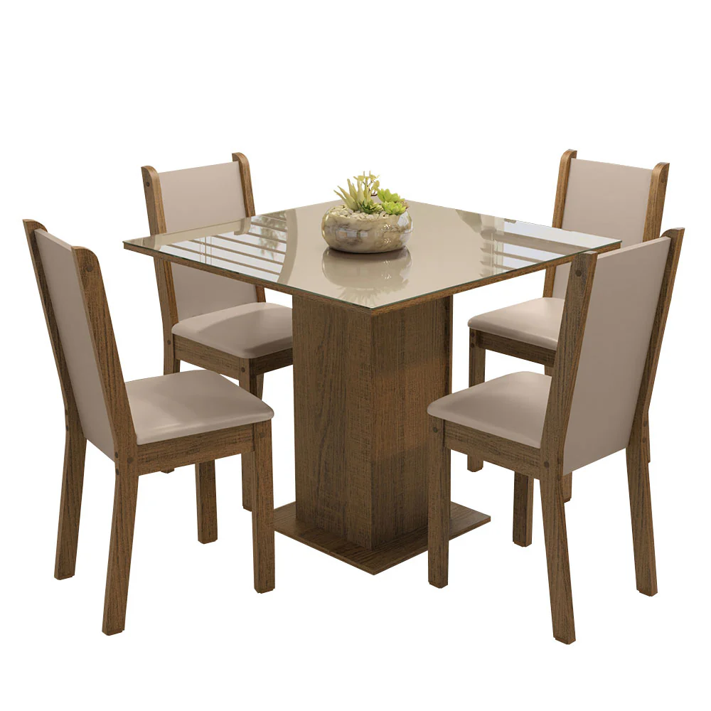 Conjunto Sala de Jantar Mesa Tampo de Vidro 4 Cadeiras Rustic/Crema/Bege Tifani Madesa - Image 2
