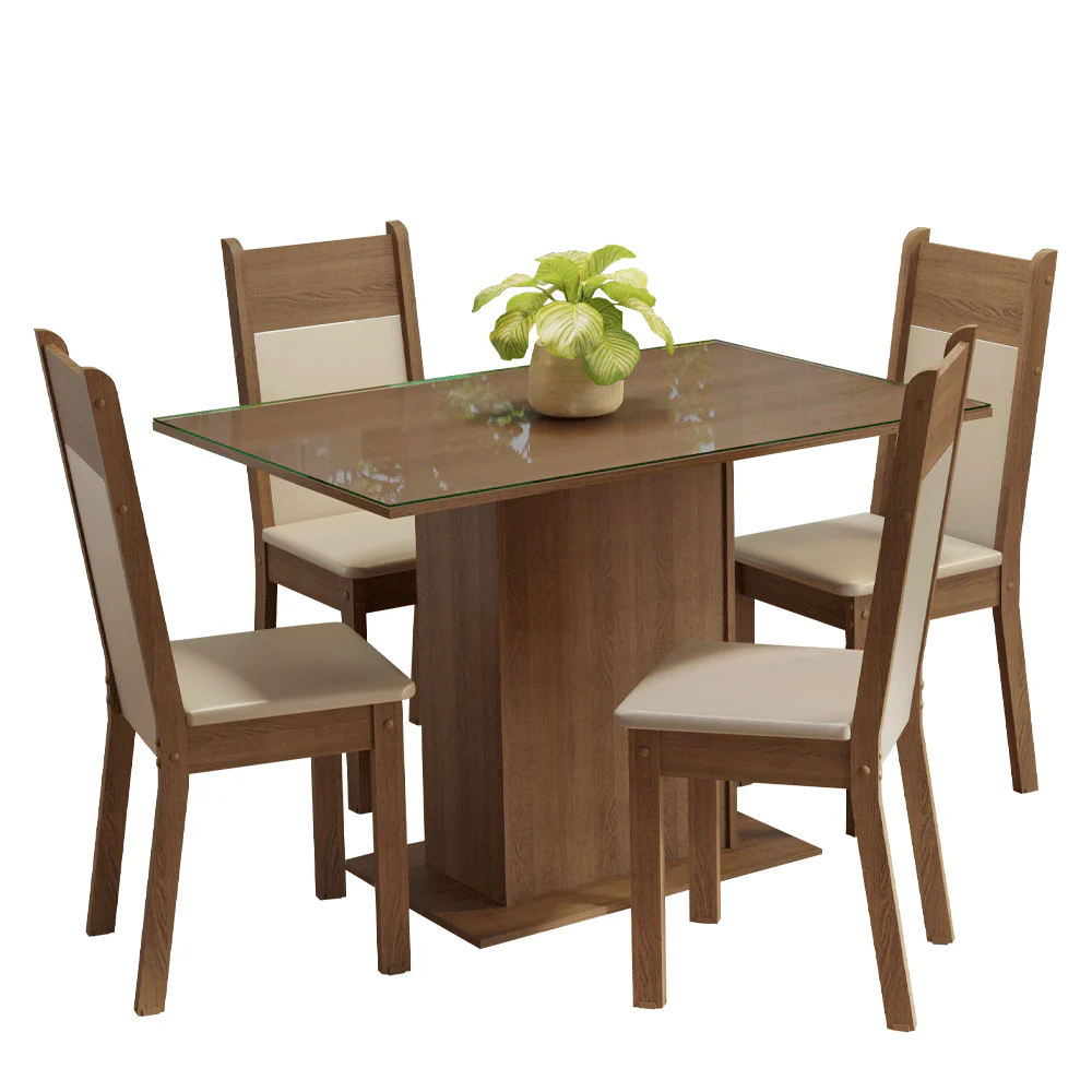 Conjunto Sala de Jantar Mesa Tampo de Vidro 4 Cadeiras Rustic/Crema/Bege Viena Madesa - Image 2