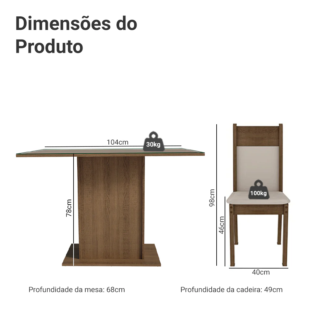 Conjunto Sala de Jantar Mesa Tampo de Vidro 4 Cadeiras Rustic/Crema/Bege Viena Madesa - Image 3