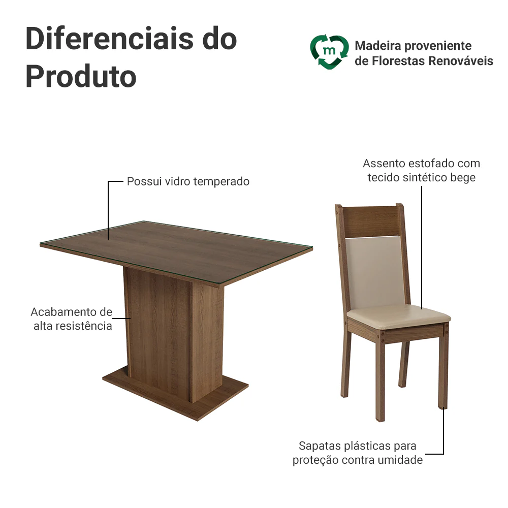 Conjunto Sala de Jantar Mesa Tampo de Vidro 4 Cadeiras Rustic/Crema/Bege Viena Madesa - Image 4