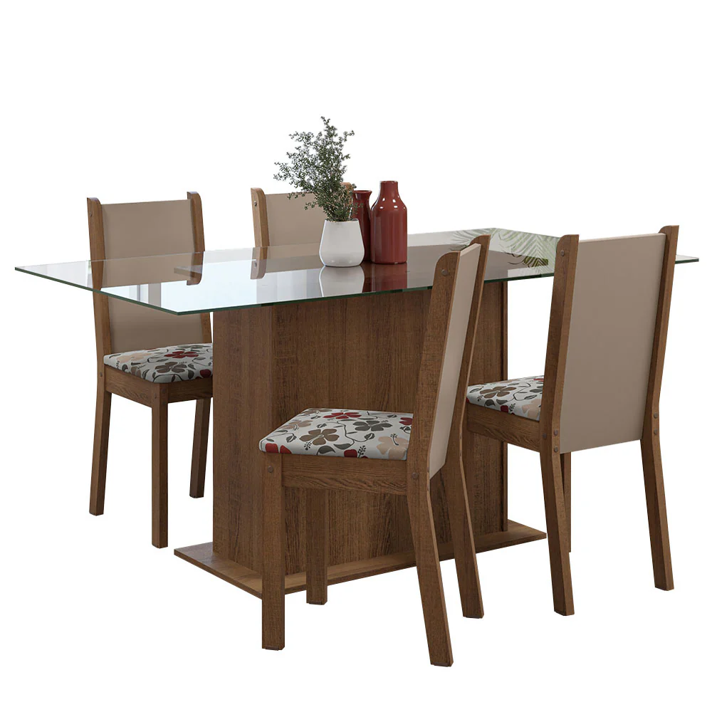 Conjunto Sala de Jantar Mesa Tampo de Vidro 4 Cadeiras Rustic/Crema/Floral Hibiscos Yara Madesa - Image 2