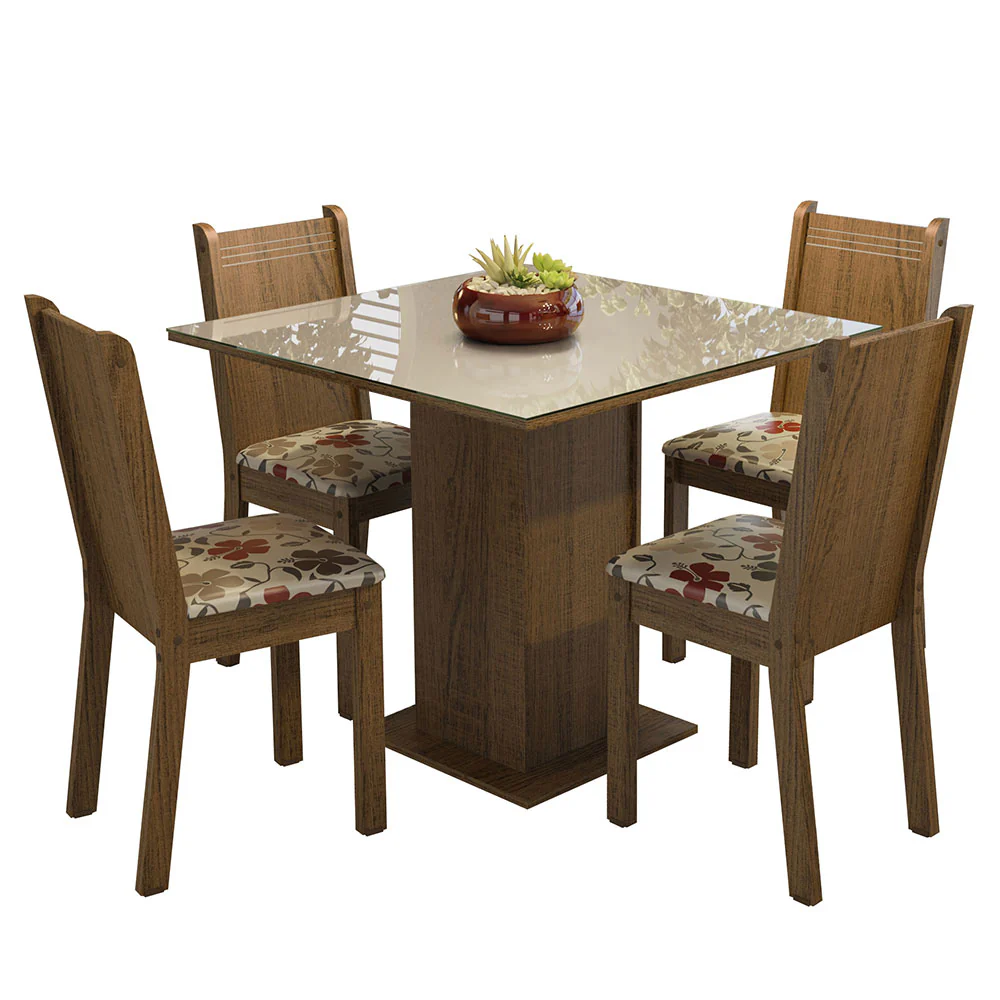 Conjunto Sala de Jantar Mesa Tampo de Vidro 4 Cadeiras Rustic/Crema/Hibiscos Perla Madesa - Image 2