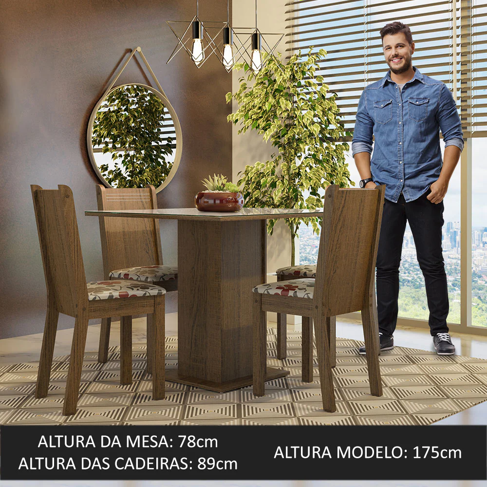 Conjunto Sala de Jantar Mesa Tampo de Vidro 4 Cadeiras Rustic/Crema/Hibiscos Perla Madesa - Image 4