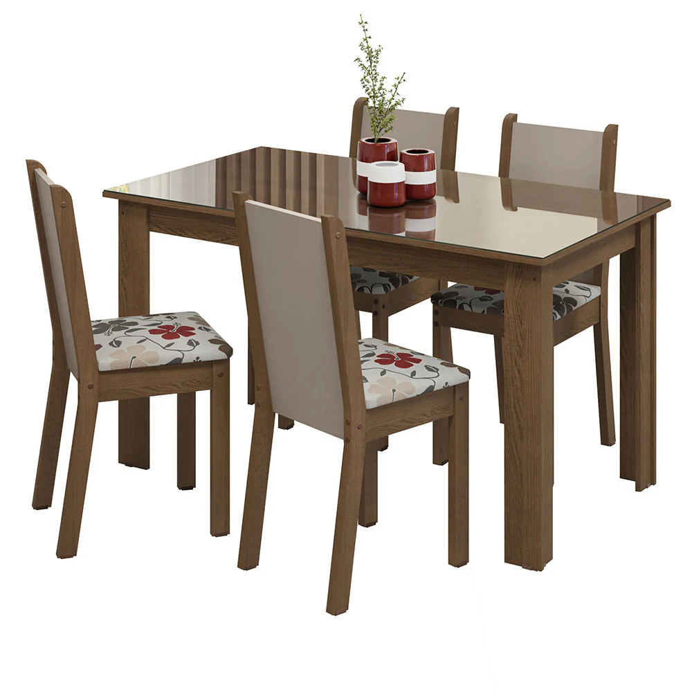 Conjunto Sala de Jantar Mesa Tampo de Vidro 4 Cadeiras Rustic/Crema/Hibiscos Suzy Madesa - Image 2