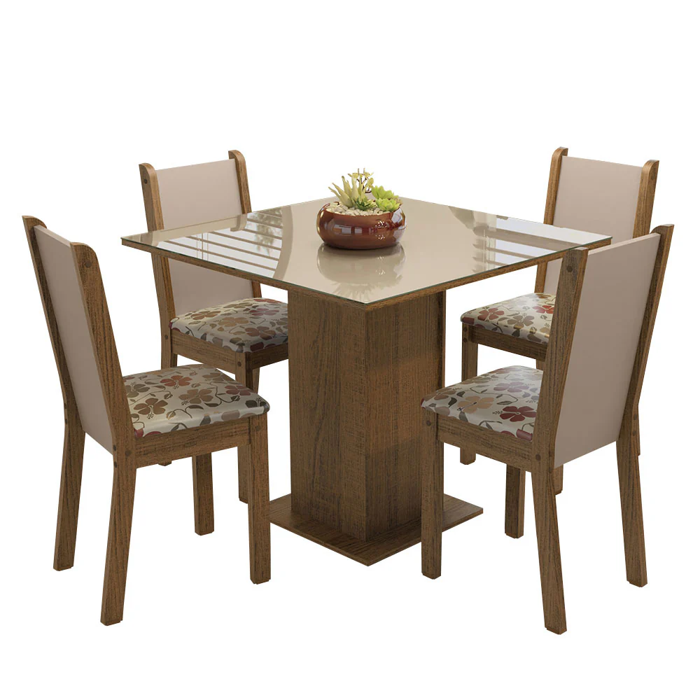 Conjunto Sala de Jantar Mesa Tampo de Vidro 4 Cadeiras Rustic/Crema/Hibiscos Tifani Madesa - Image 2