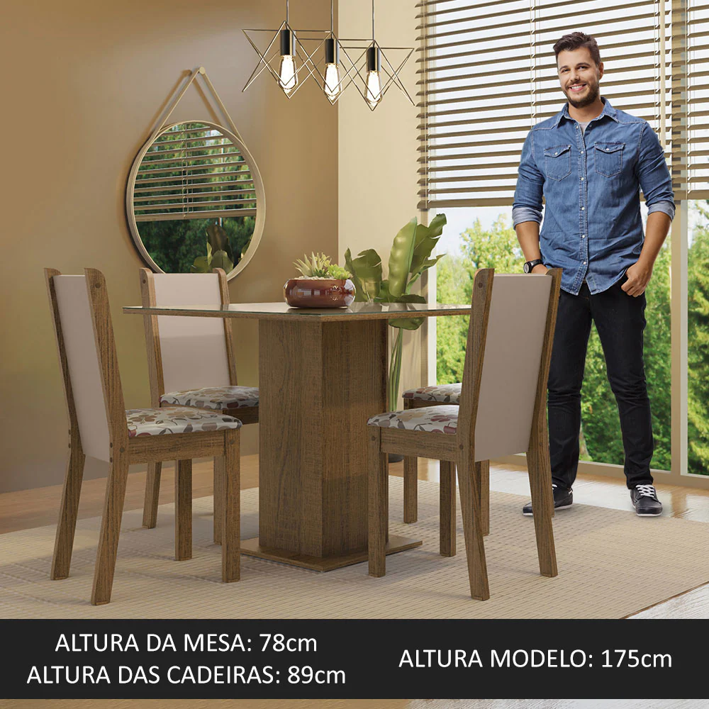 Conjunto Sala de Jantar Mesa Tampo de Vidro 4 Cadeiras Rustic/Crema/Hibiscos Tifani Madesa - Image 5