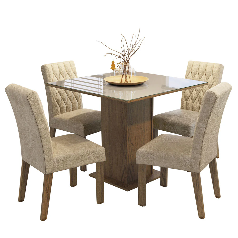Conjunto Sala de Jantar Mesa Tampo de Vidro 4 Cadeiras Rustic/Crema/Imperial Anaju Madesa - Image 2