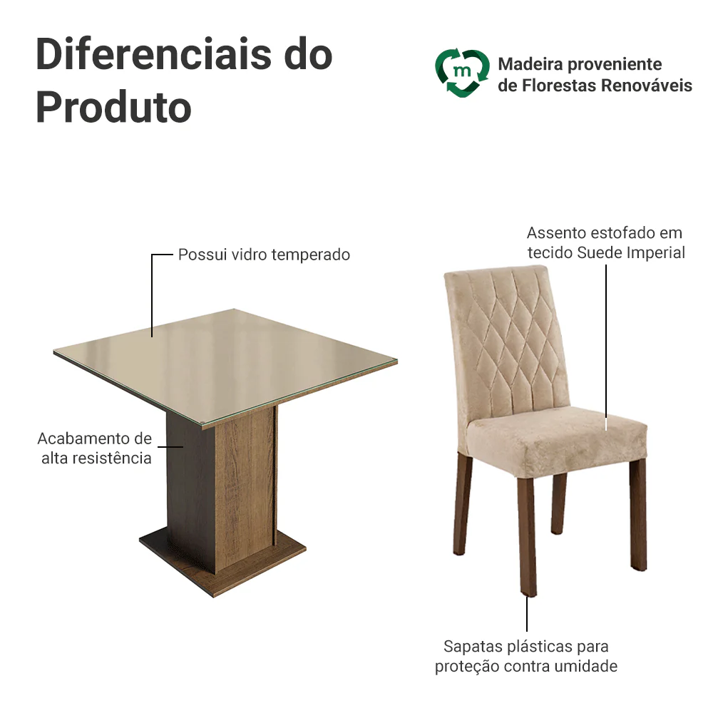 Conjunto Sala de Jantar Mesa Tampo de Vidro 4 Cadeiras Rustic/Crema/Imperial Anaju Madesa - Image 4